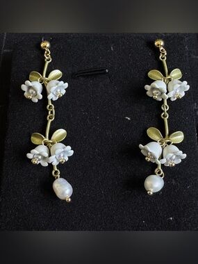 Gold Floral Drop Earrings with White Flower and Pearl Accent